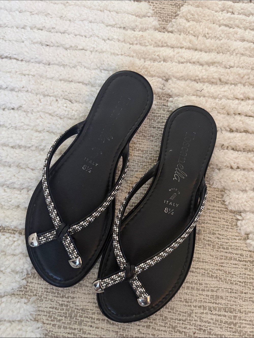 Black Rhinestone Thong Sandals for Women - Size 8½